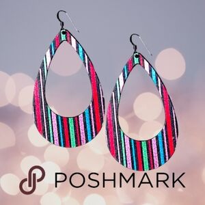 Asymmetric Teardrop Dangle Earrings in Black and Multicolor Stripes